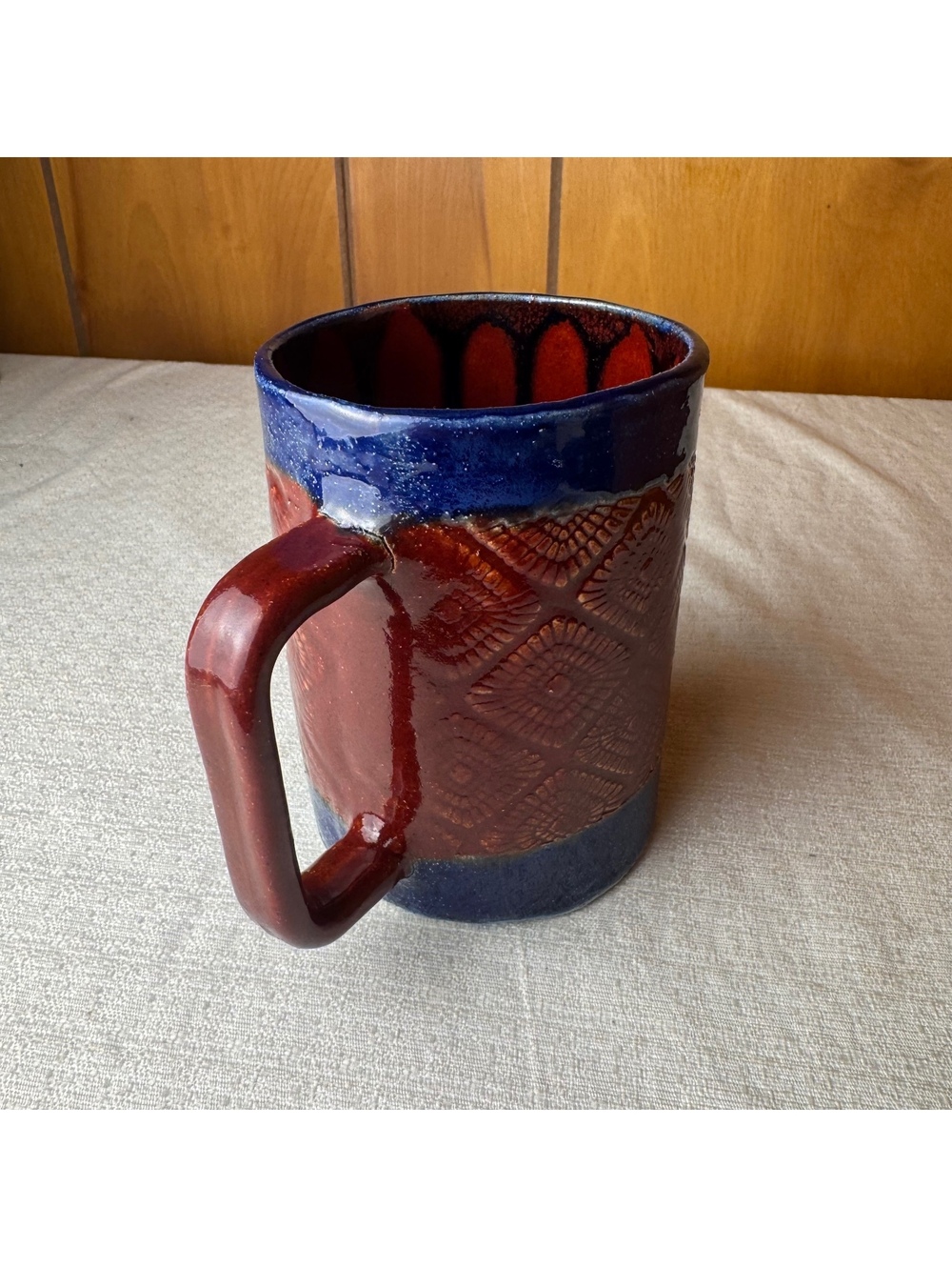 Studio Pottery Mug Red Blue Glaze Textured Geometric Design 4.75 Inch - Picture 3 of 9